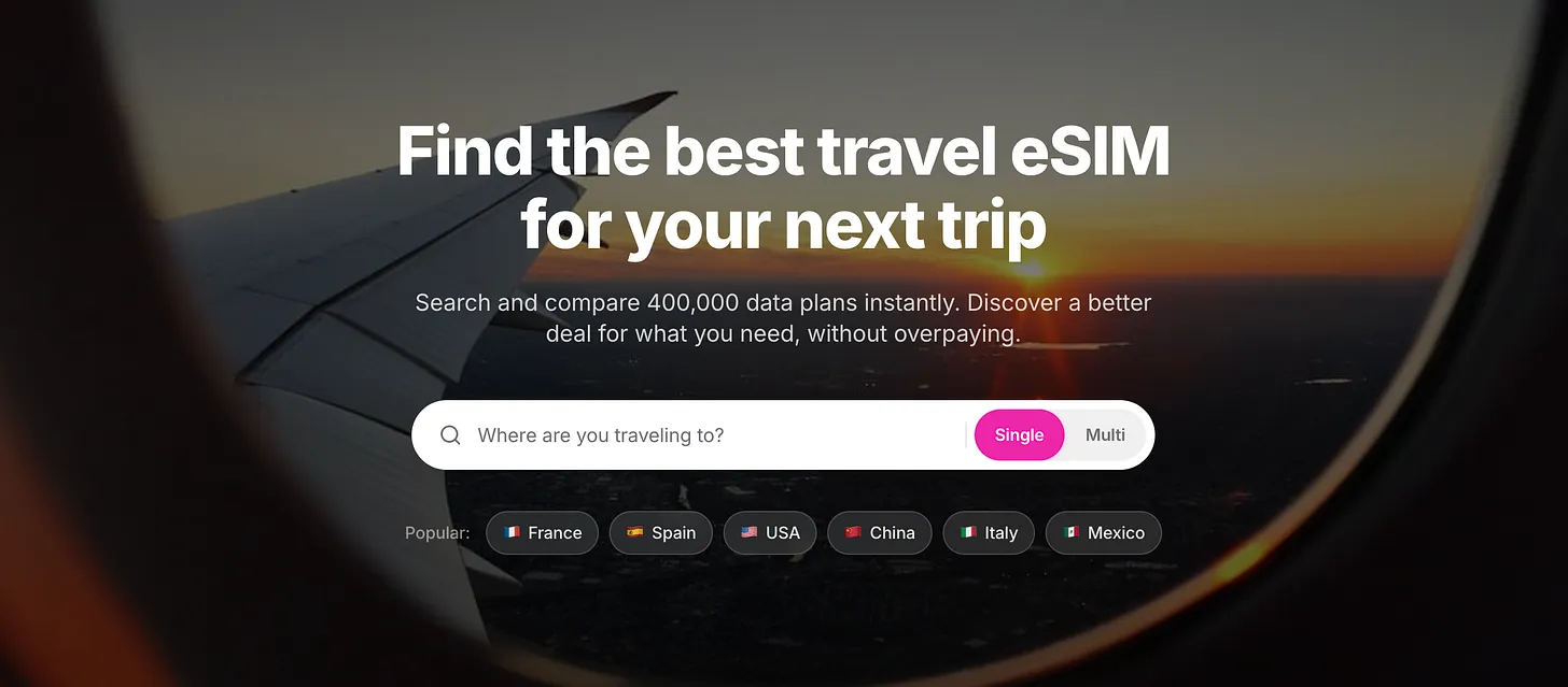 eSIMDB search results for an eSIM destination