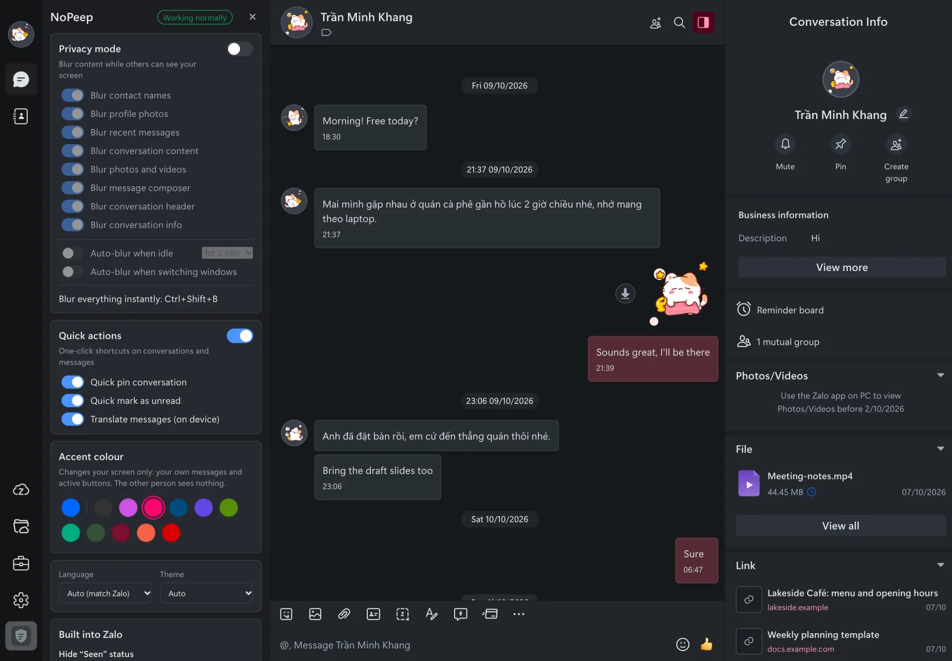 Zalo Web in dark theme with the rose accent colour