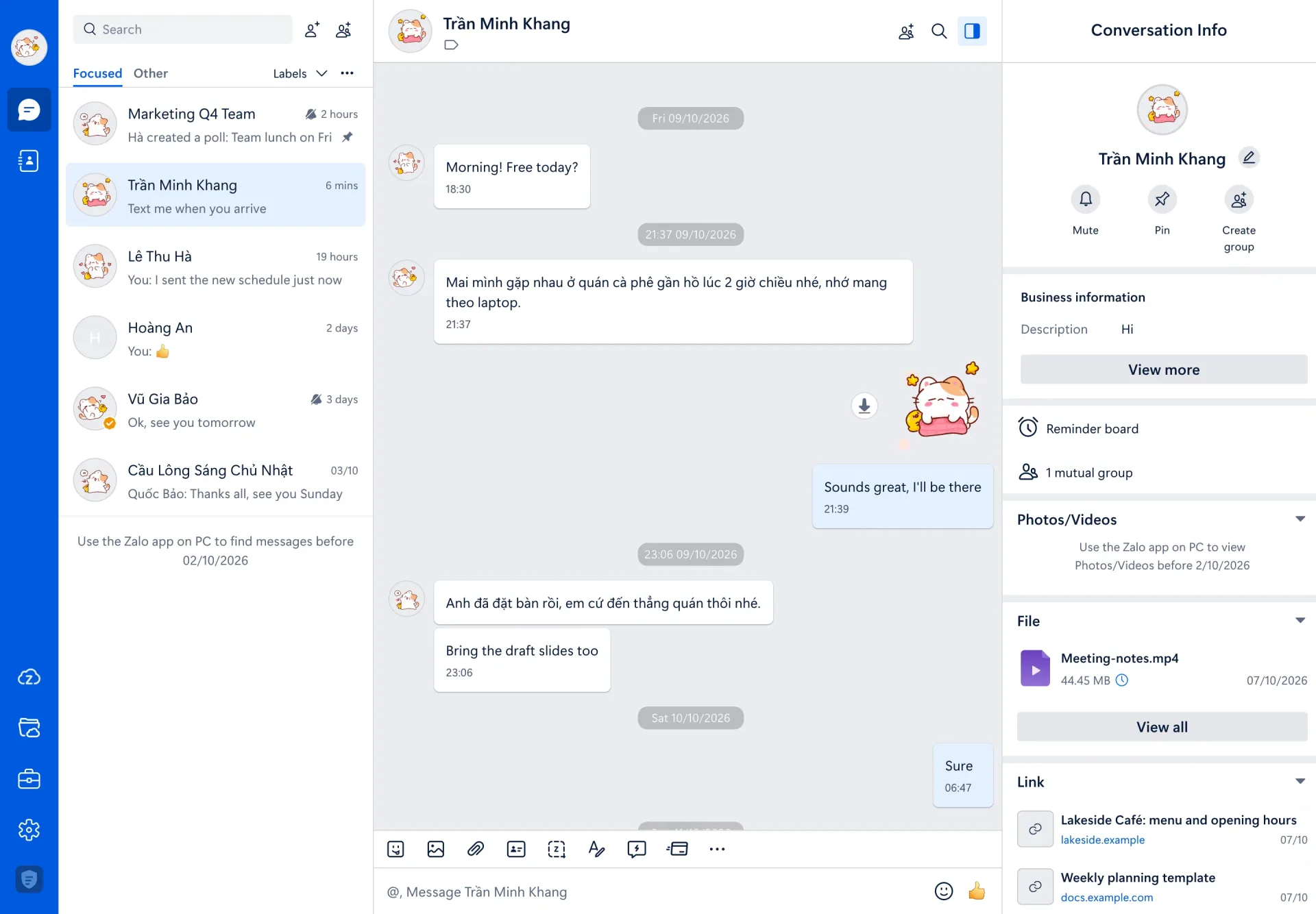 Zalo Web with NoPeep off: names, photos and messages clearly visible