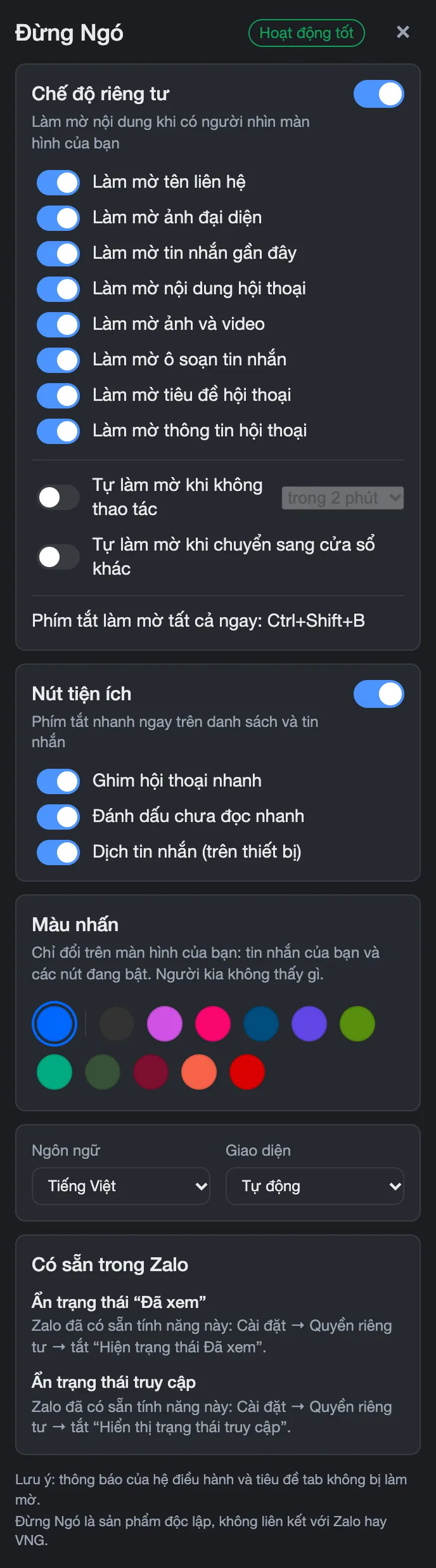 Bảng cài đặt Đừng Ngó trong Zalo Web