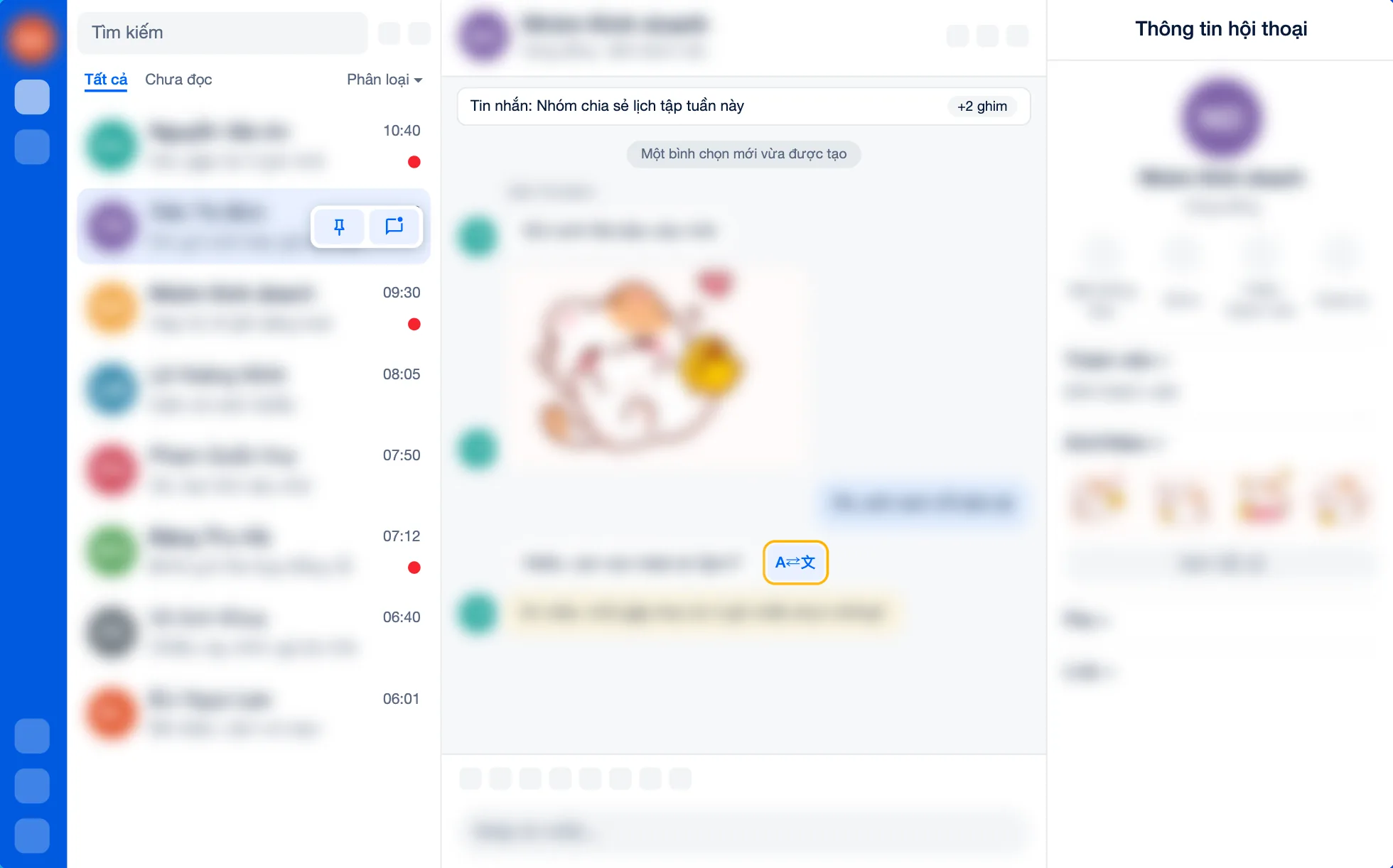 Nút ghim, chưa đọc và dịch trên một hội thoại